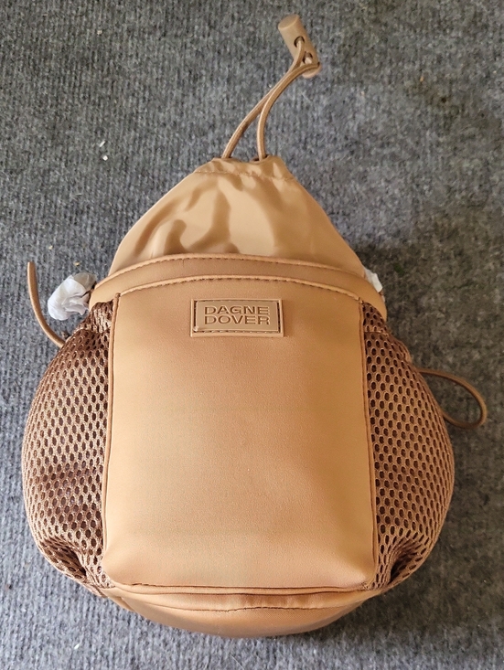 Dagne Dover Sloan Water Sling Bag Tan Drawstring Mesh Side Backpack